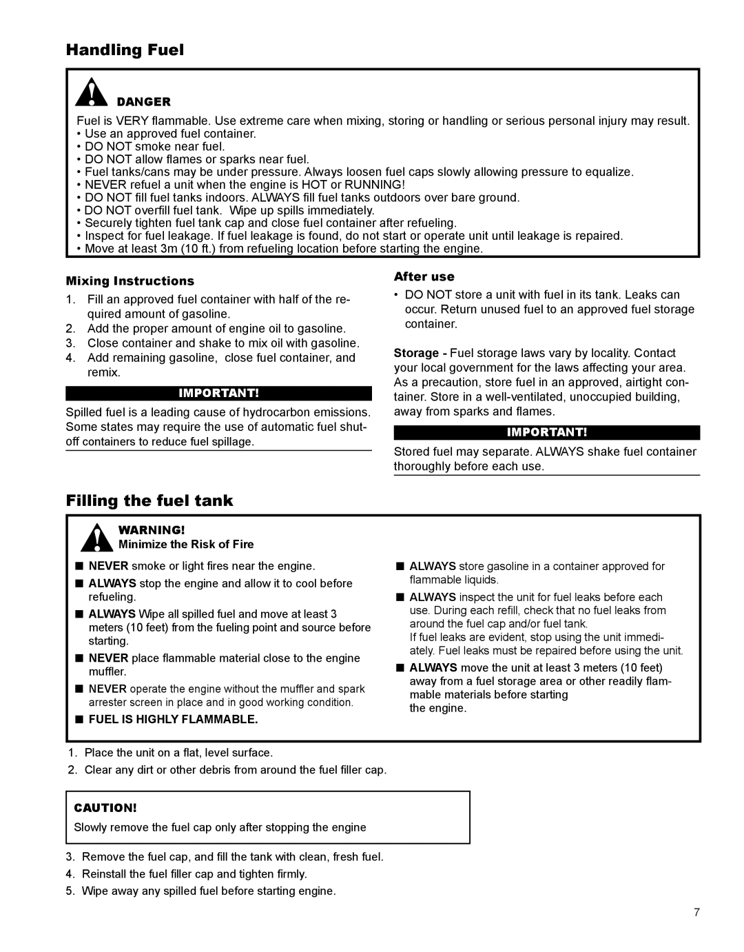 Shindaiwa GP344, X7506720300 manual Handling Fuel, Filling the fuel tank, Mixing Instructions, After use 