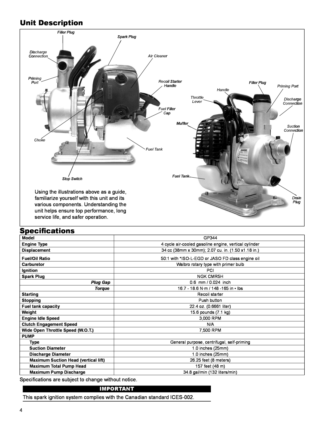 Shindaiwa X7506720300, GP344 Unit Description, Specifications, Using the illustrations above as a guide, Plug Gap, Torque 