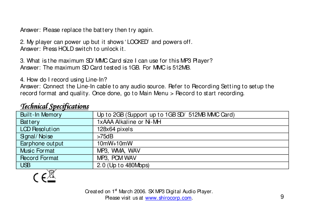 Shiro 1.3 manual Technical Specifications, MP3, PCM WAV USB 