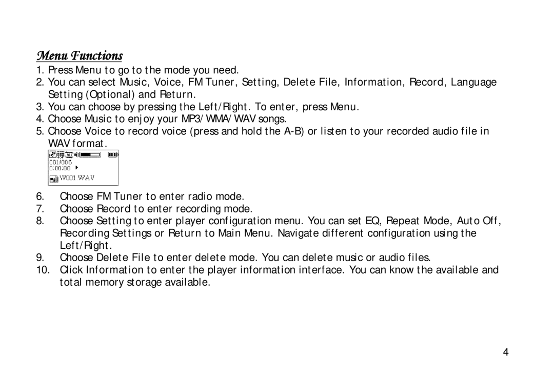 Shiro 1.3 manual Menu Functions 