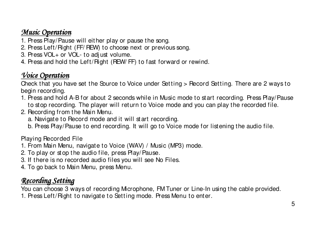 Shiro 1.3 manual Music Operation, Voice Operation, Recording Setting, Playing Recorded File 