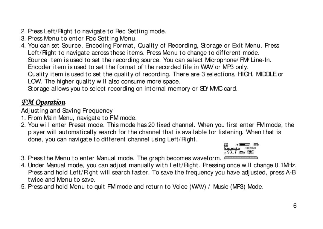 Shiro 1.3 manual FM Operation, Press Menu to enter Rec Setting Menu, Adjusting and Saving Frequency 