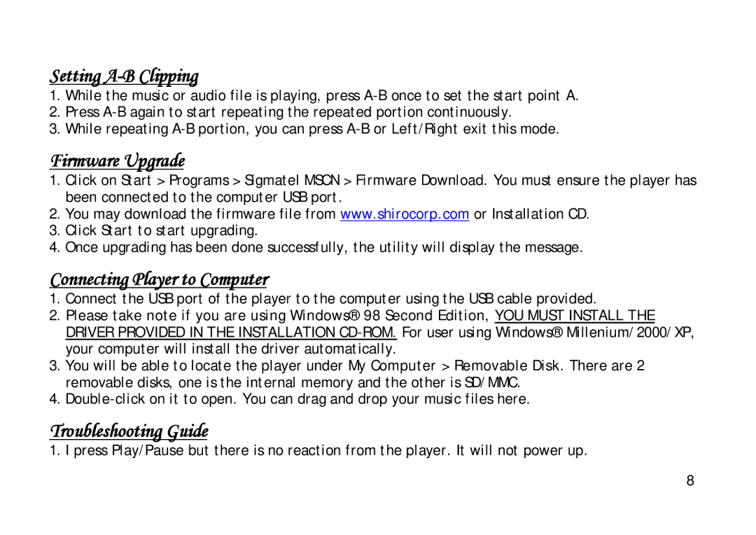 Shiro 1.3 manual Setting A-B Clipping, Firmware Upgrade, Connecting Player to Computer, Troubleshooting Guide 