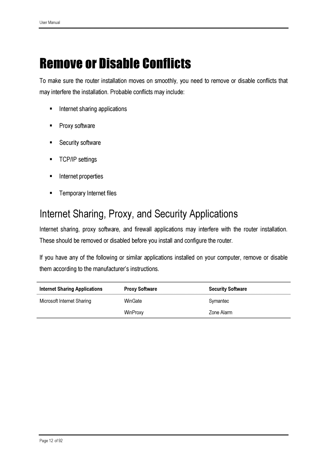 Shiro ADSL 2/2+ Ethernet Modem manual Remove or Disable Conflicts, Internet Sharing, Proxy, and Security Applications 