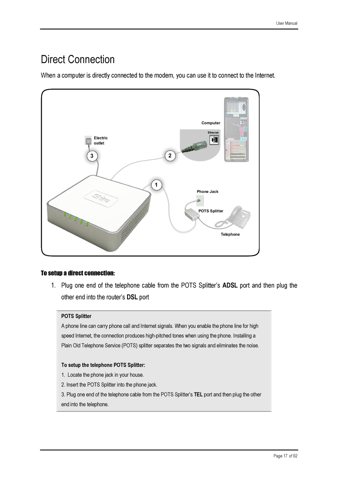 Shiro ADSL 2/2+ Ethernet Modem manual Direct Connection 