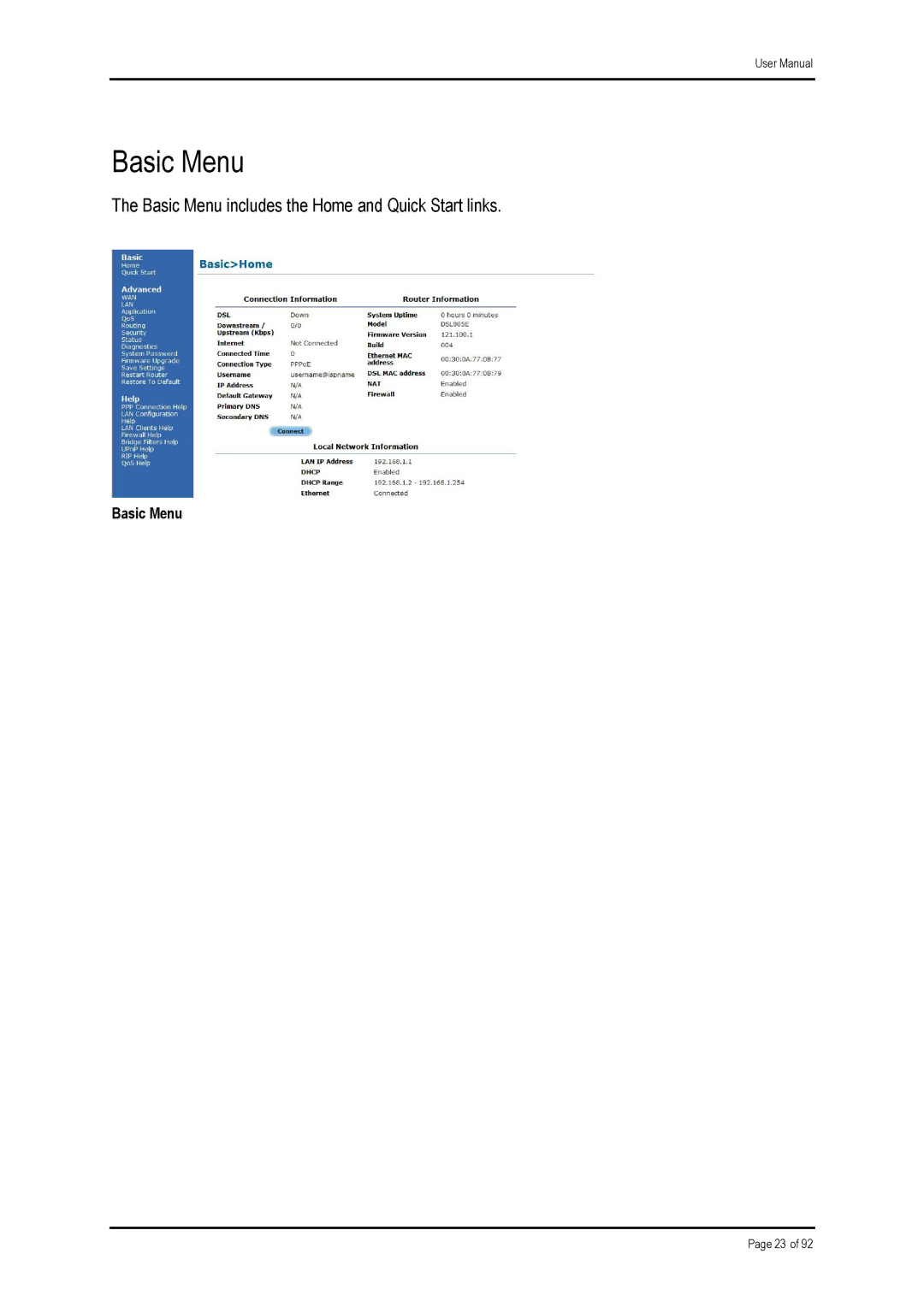 Shiro ADSL 2/2+ Ethernet Modem manual Basic Menu 