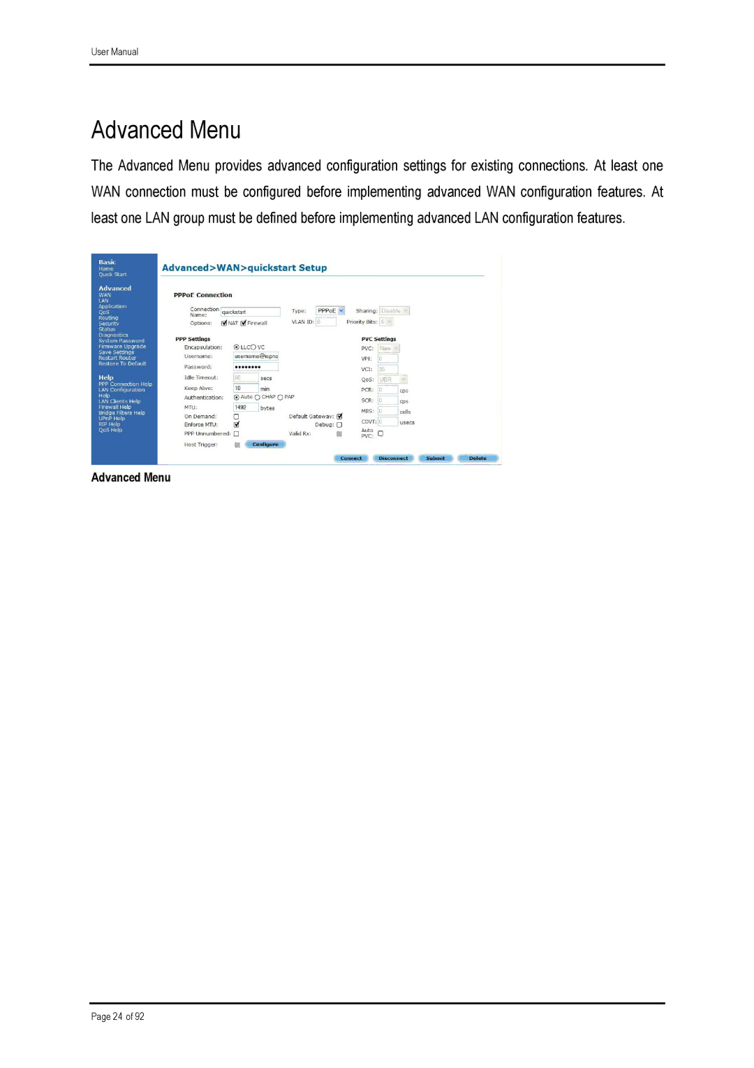 Shiro ADSL 2/2+ Ethernet Modem manual Advanced Menu 