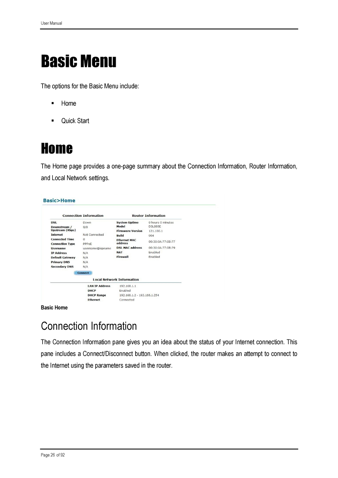 Shiro ADSL 2/2+ Ethernet Modem manual Home, Connection Information 