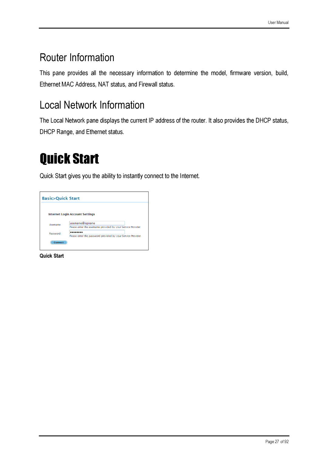 Shiro ADSL 2/2+ Ethernet Modem manual Quick Start, Router Information, Local Network Information 