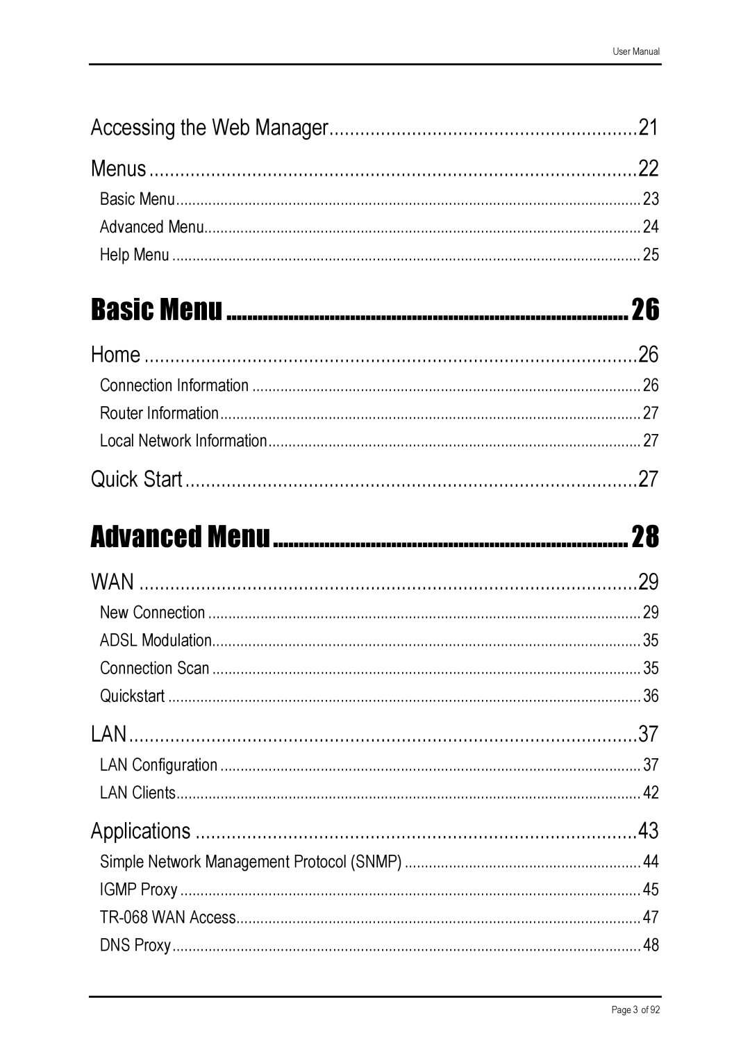 Shiro ADSL 2/2+ Ethernet Modem manual Basic Menu 