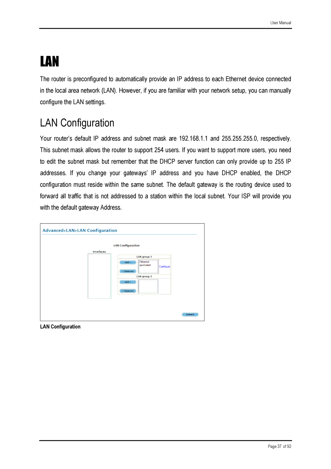 Shiro ADSL 2/2+ Ethernet Modem manual Lan, LAN Configuration 