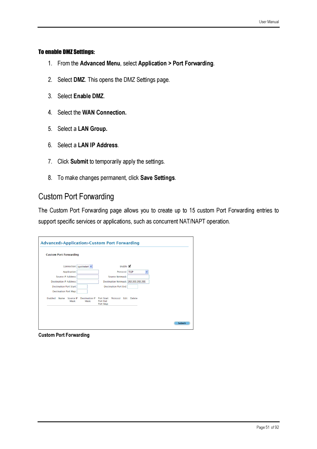 Shiro ADSL 2/2+ Ethernet Modem manual Custom Port Forwarding 