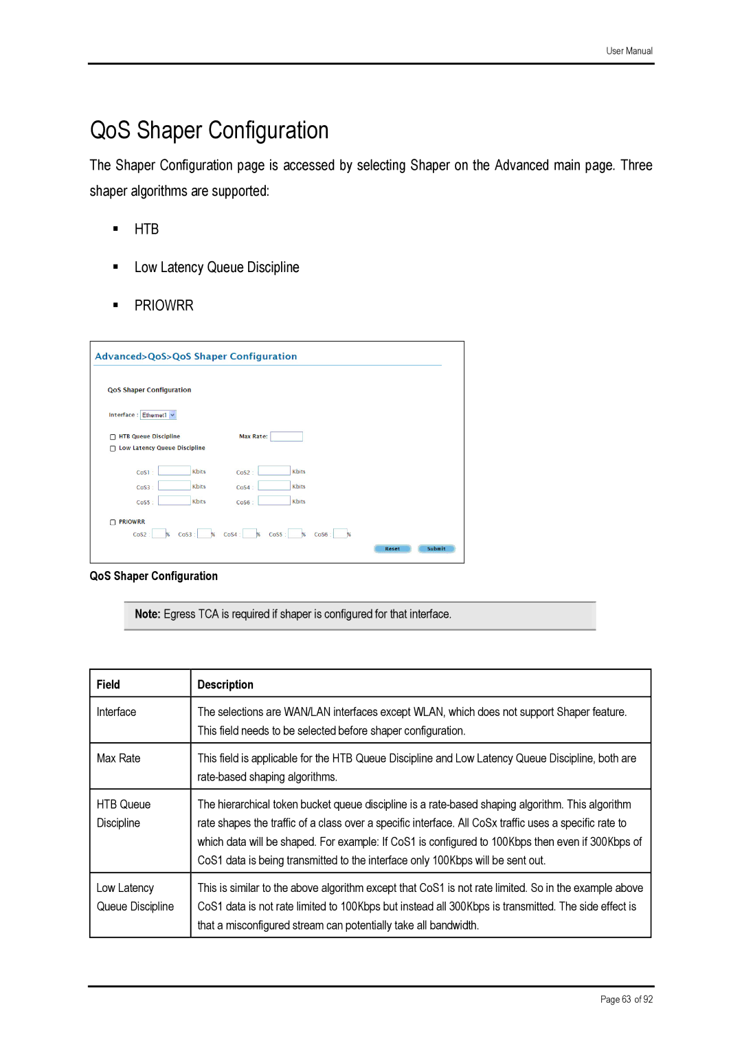 Shiro ADSL 2/2+ Ethernet Modem manual QoS Shaper Configuration, Priowrr 