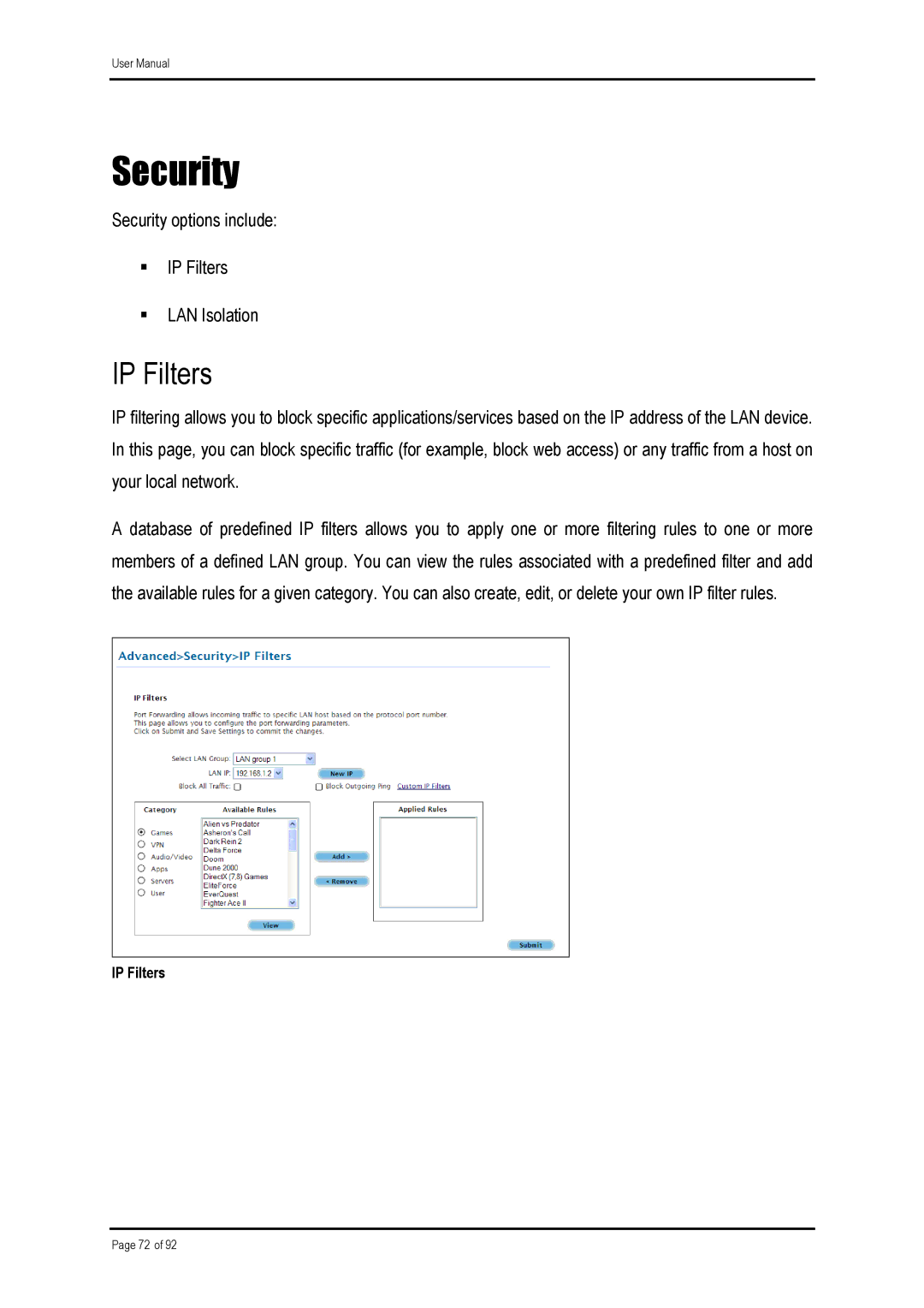 Shiro ADSL 2/2+ Ethernet Modem manual Security, IP Filters 