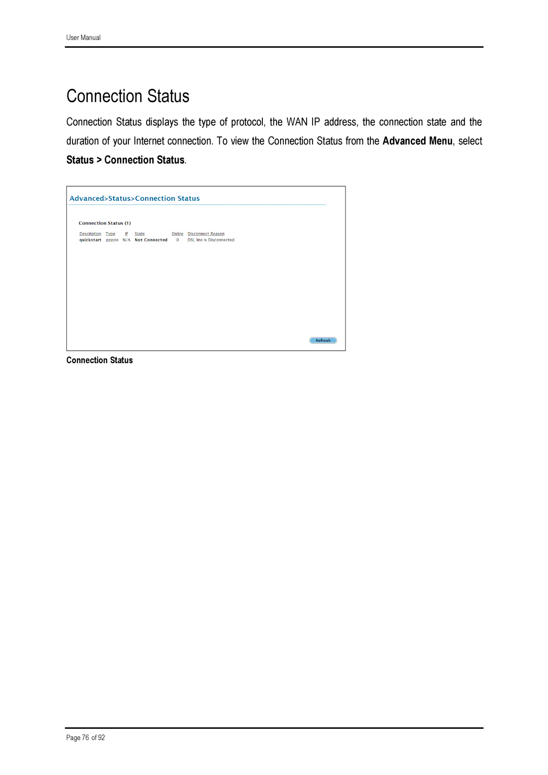 Shiro ADSL 2/2+ Ethernet Modem manual Connection Status 