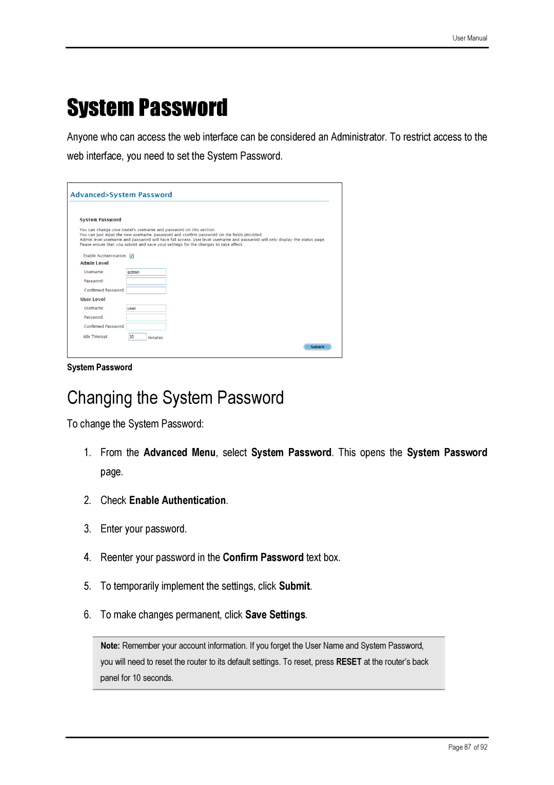 Shiro ADSL 2/2+ Ethernet Modem manual Changing the System Password 