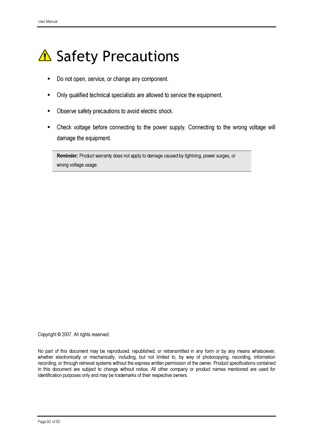 Shiro ADSL 2/2+ Ethernet Modem manual Safety Precautions 