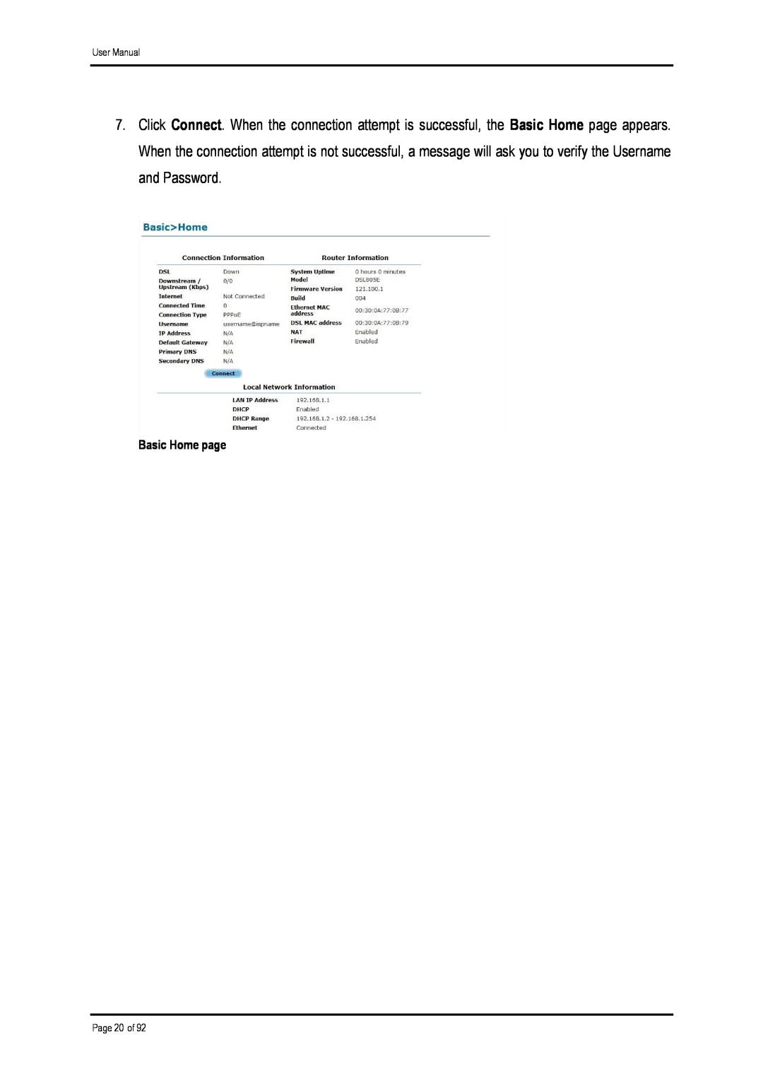 Shiro ADSL 2/2+ Ethernet Modem manual Basic Home page 