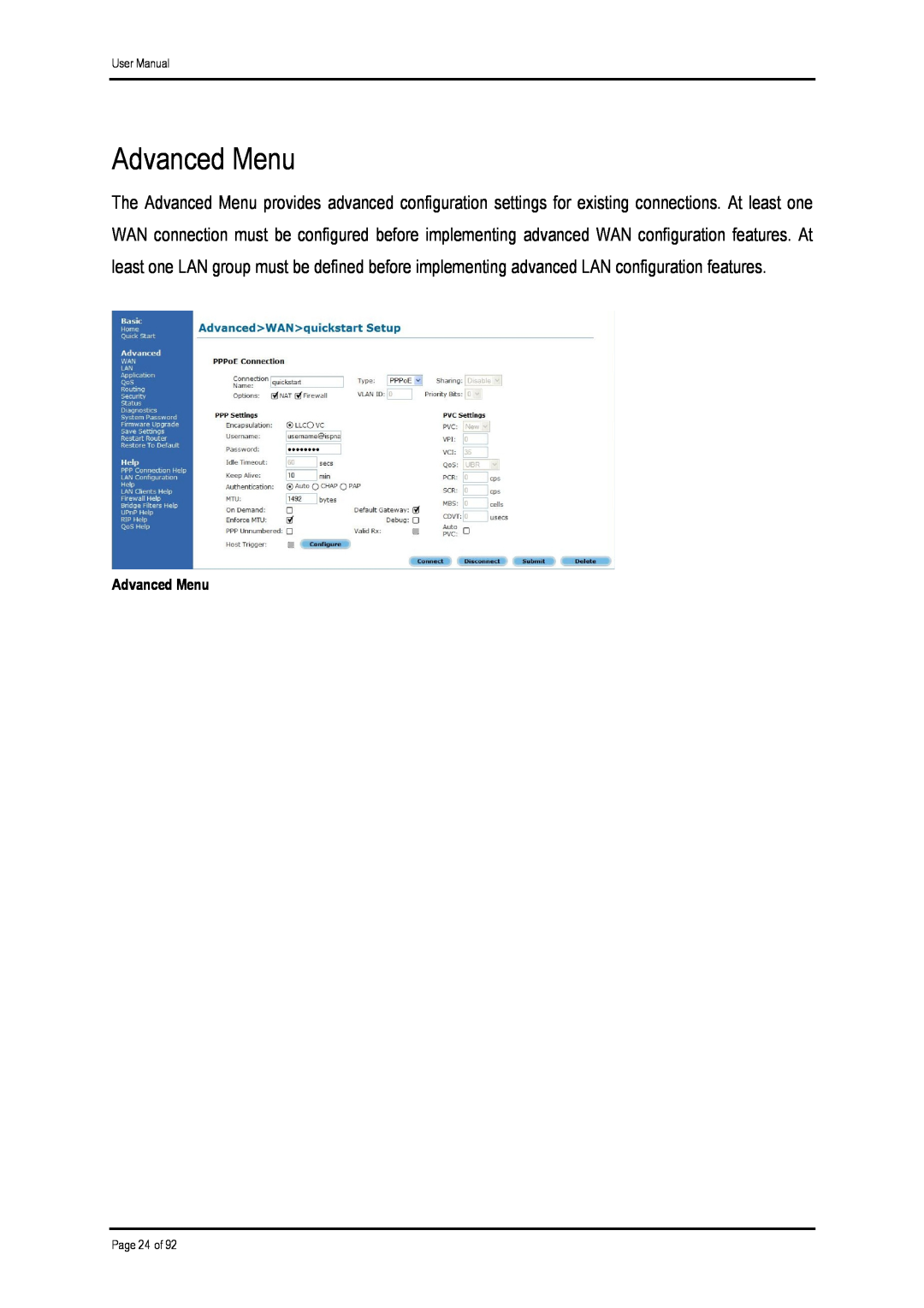 Shiro ADSL 2/2+ Ethernet Modem manual Advanced Menu 