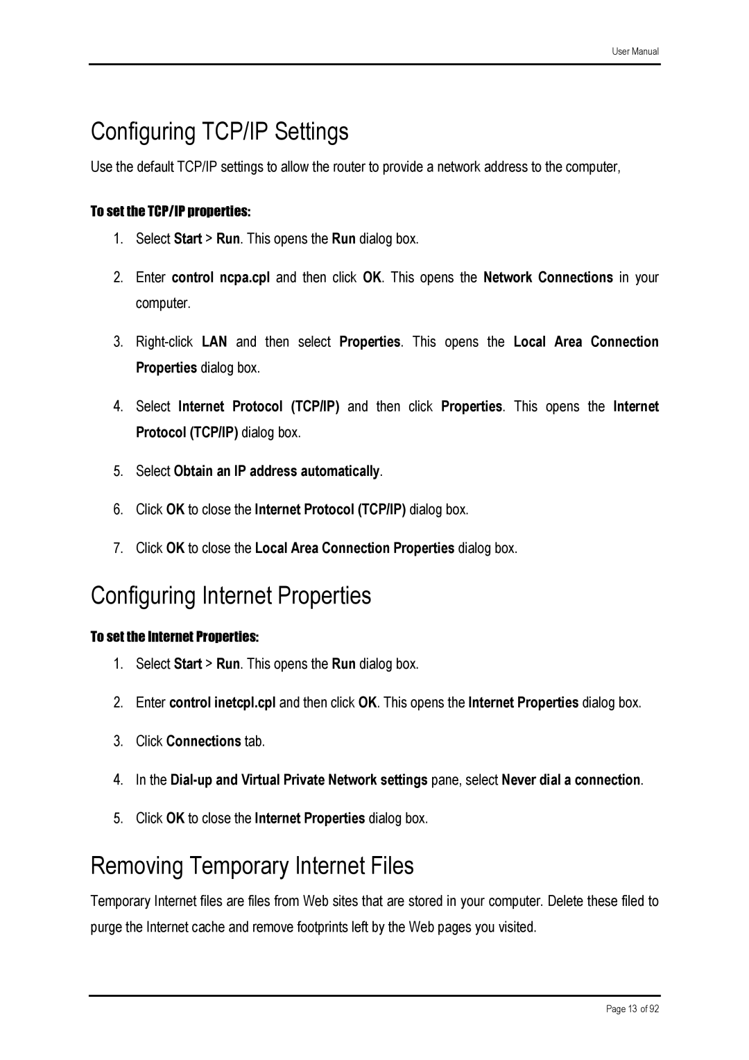 Shiro ADSL 2/2 user manual Configuring TCP/IP Settings, Configuring Internet Properties, Removing Temporary Internet Files 