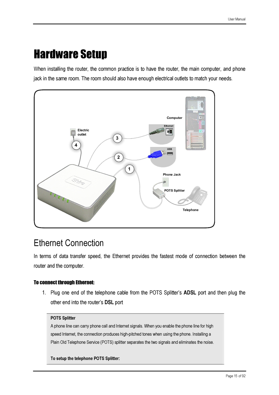 Shiro ADSL 2/2 user manual Hardware Setup, Ethernet Connection 