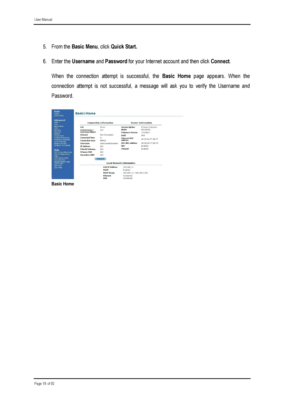 Shiro ADSL 2/2 user manual From the Basic Menu, click Quick Start 