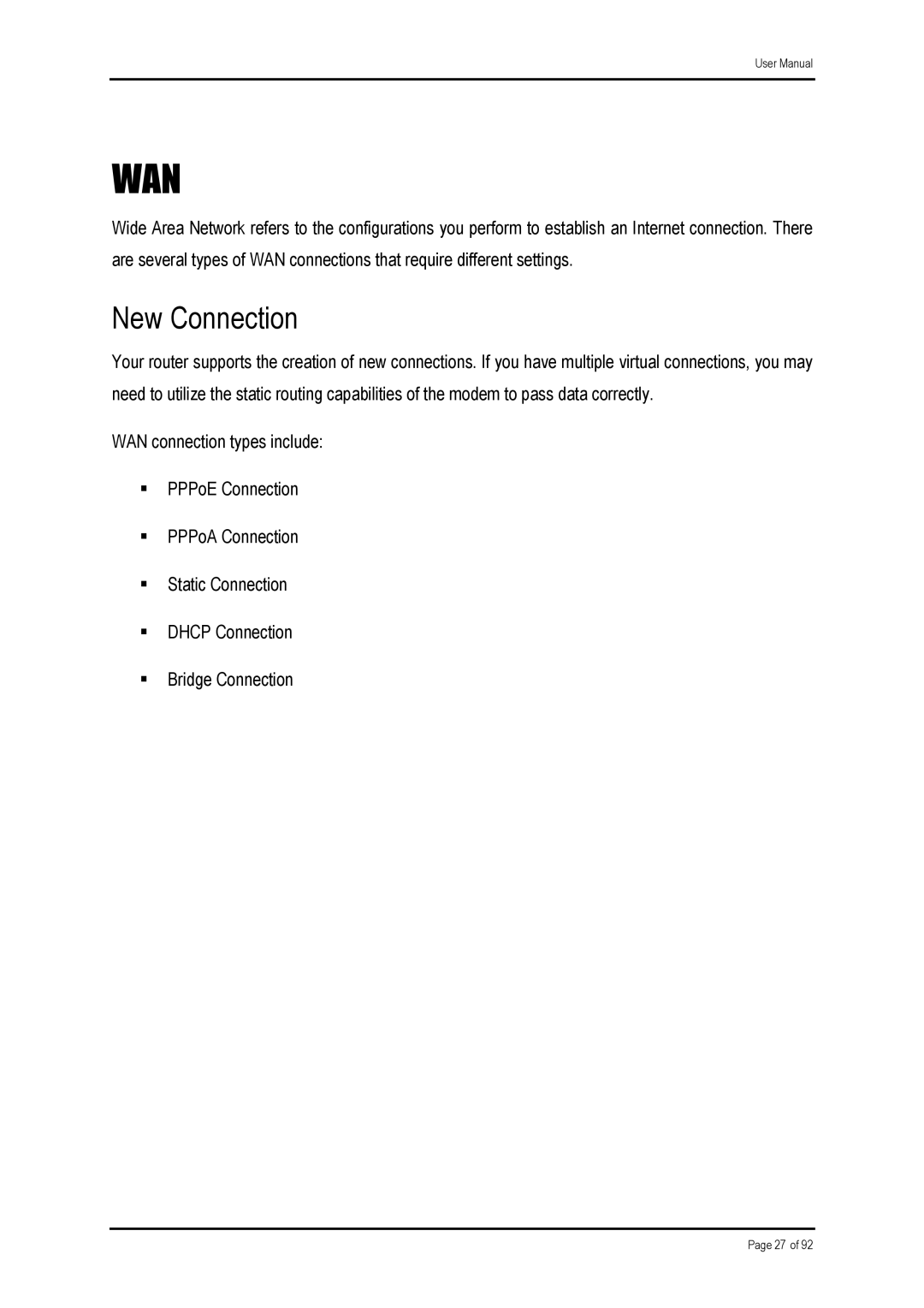 Shiro ADSL 2/2 user manual Wan, New Connection 