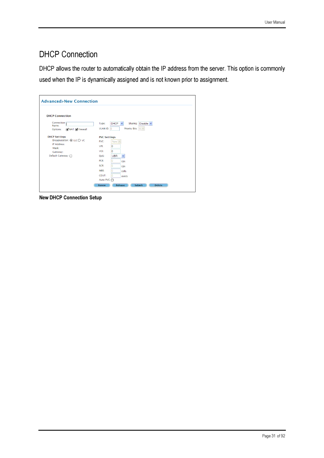 Shiro ADSL 2/2 user manual Dhcp Connection 