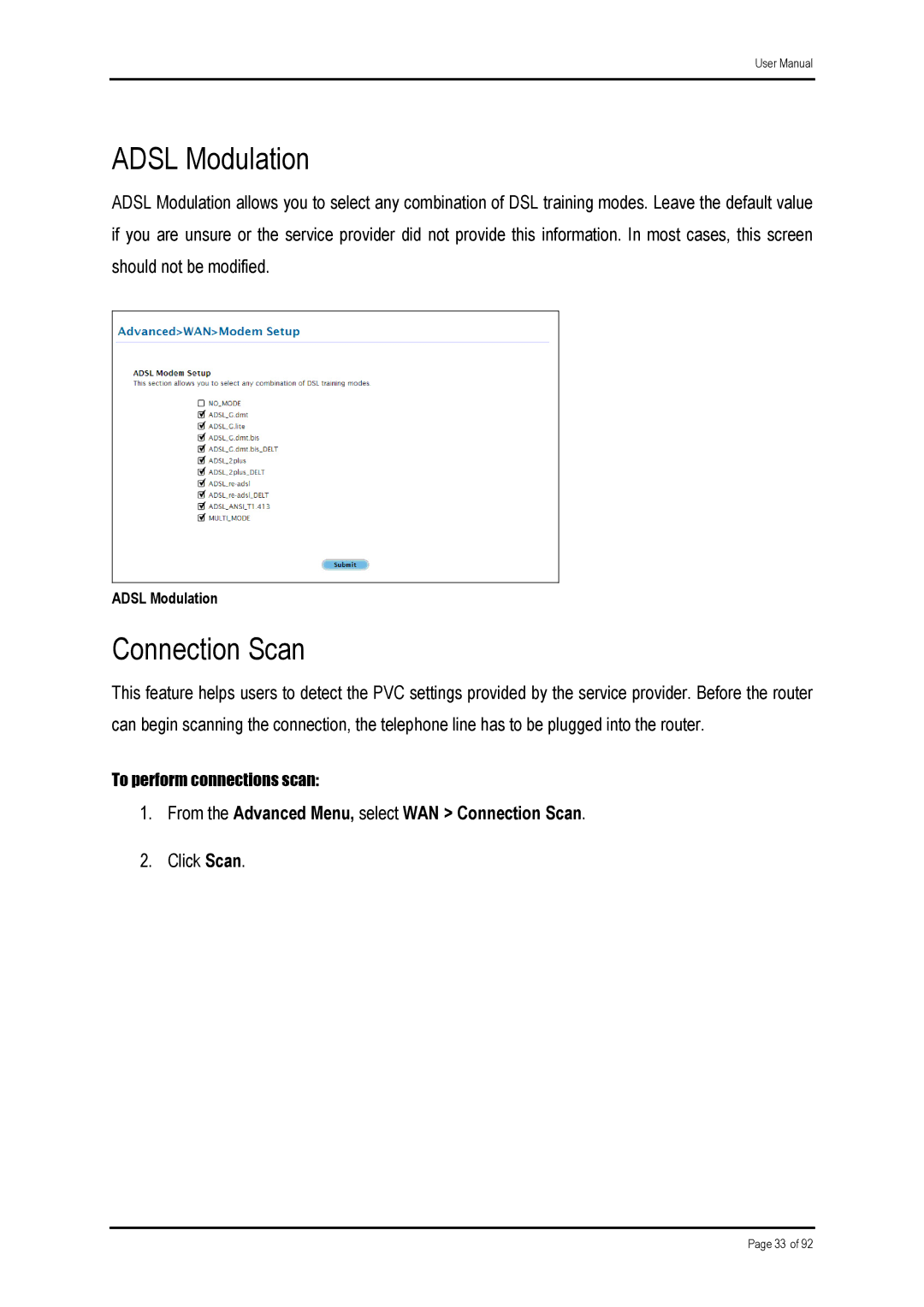 Shiro ADSL 2/2 user manual Adsl Modulation, Connection Scan 