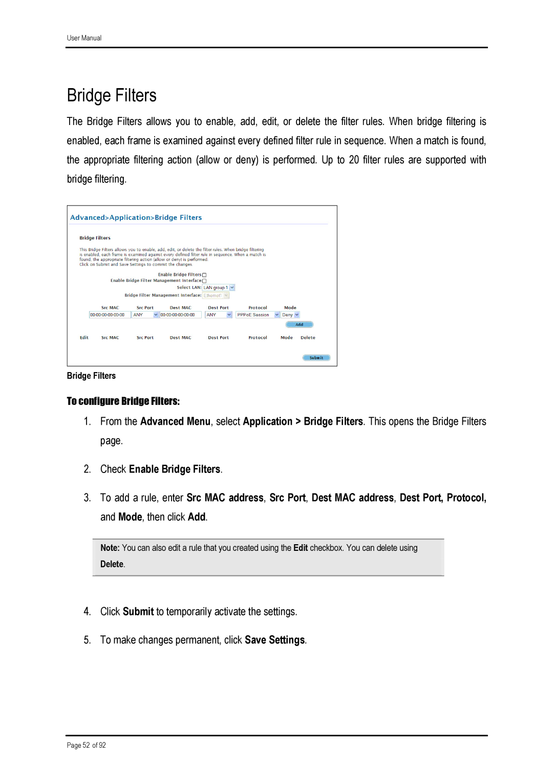 Shiro ADSL 2/2 user manual Bridge Filters 