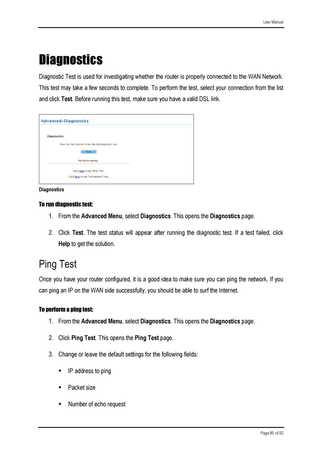 Shiro ADSL 2/2 user manual Diagnostics, Ping Test 