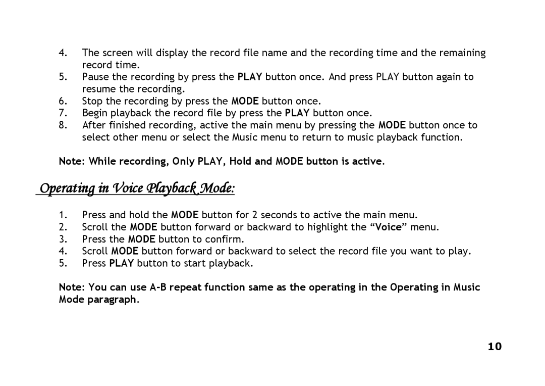 Shiro CX2 manual Operating in Voice Playback Mode 