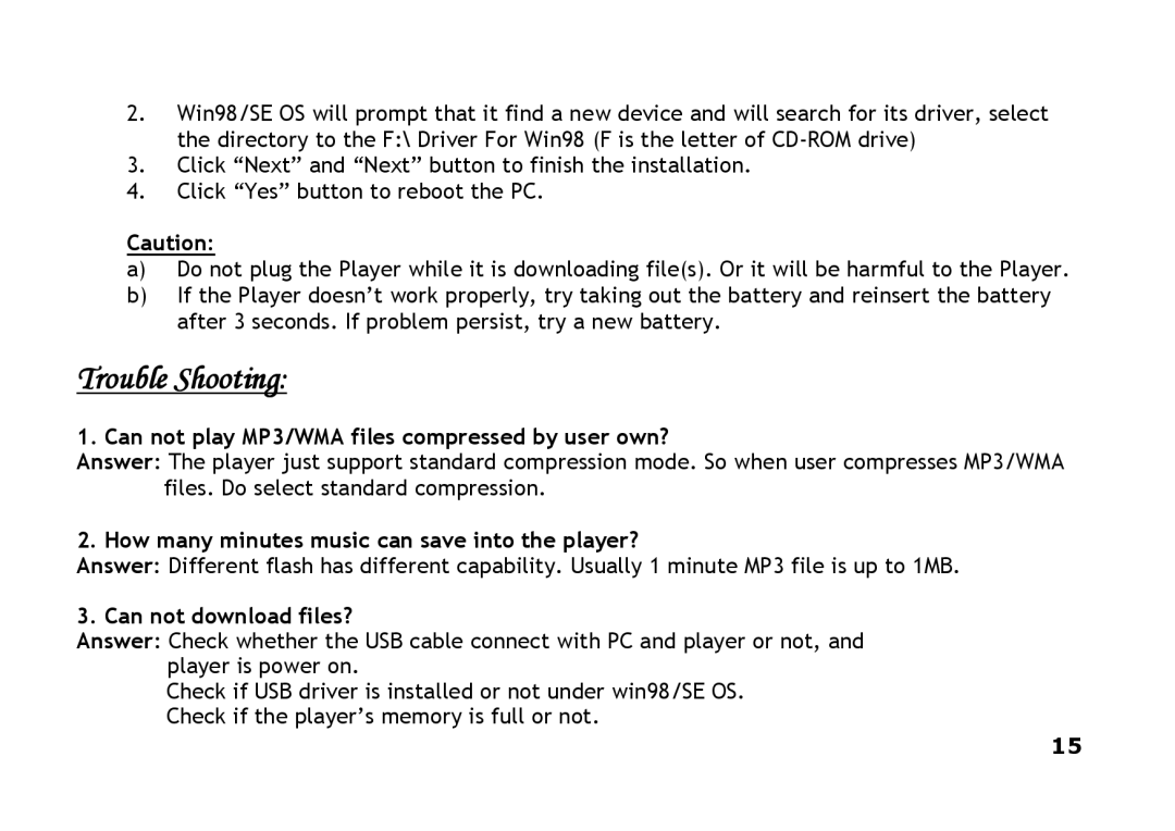 Shiro CX2 manual Trouble Shooting, Can not play MP3/WMA files compressed by user own?, Can not download files? 
