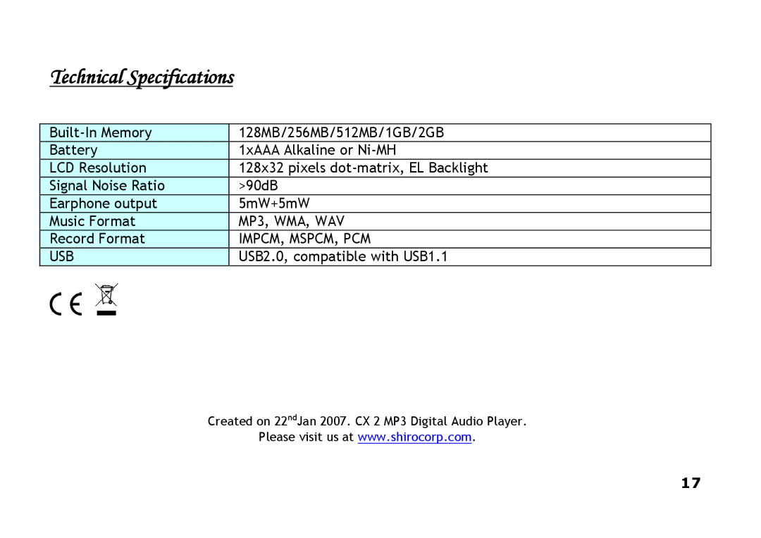 Shiro CX2 manual Technical Specifications, Usb 