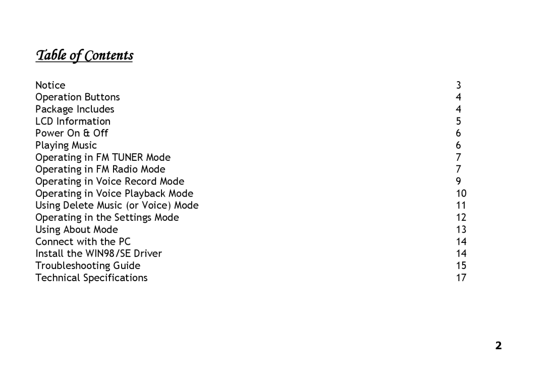 Shiro CX2 manual Table of Contents 