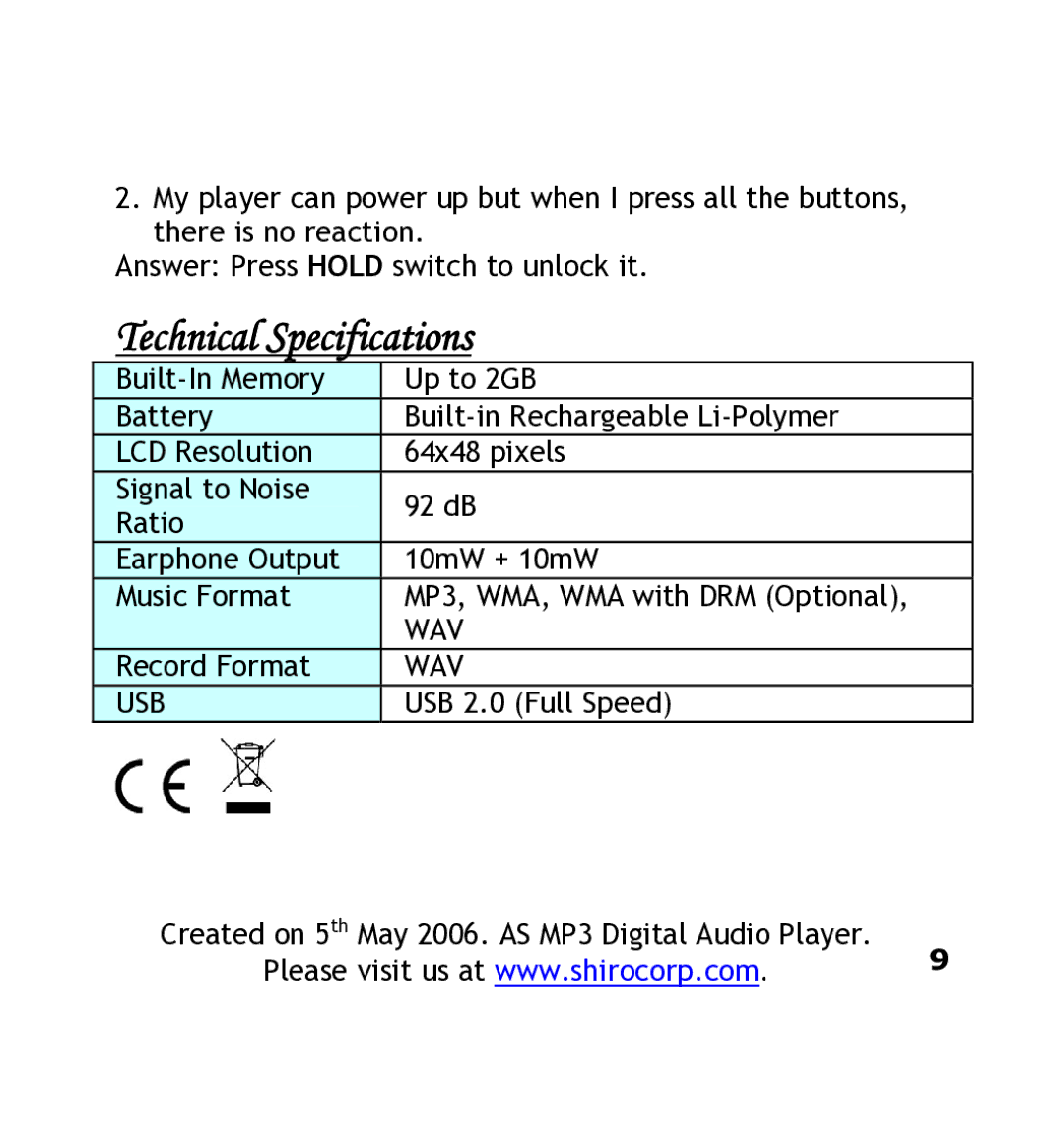 Shiro DX manual Technical Specifications, Usb 