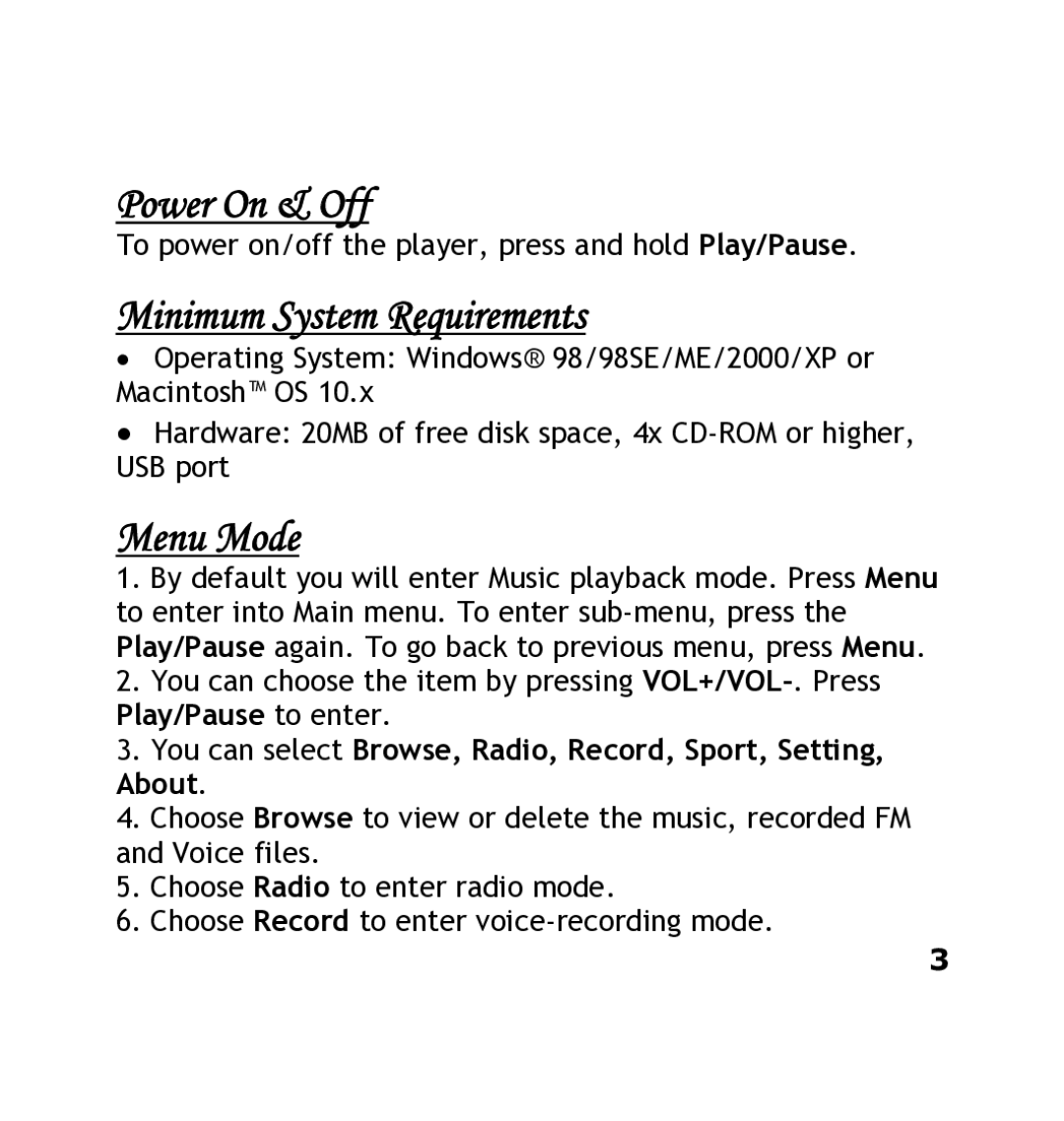 Shiro DX manual Power On & Off, Minimum System Requirements, Menu Mode 