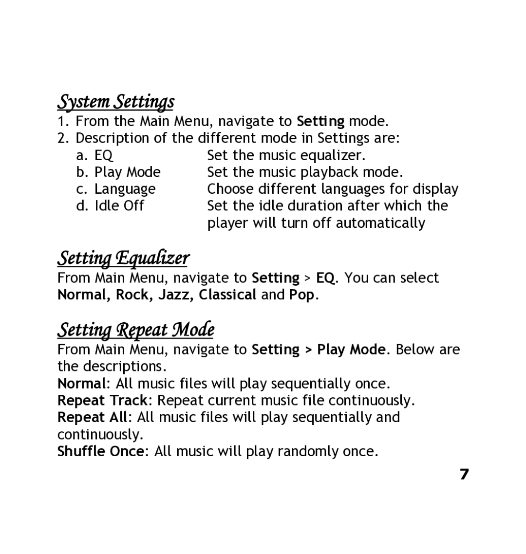 Shiro DX manual System Settings, Setting Equalizer, Setting Repeat Mode 