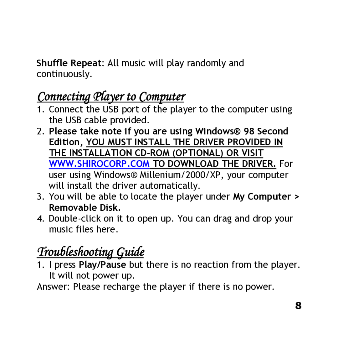 Shiro DX manual Connecting Player to Computer, Troubleshooting Guide, Removable Disk 