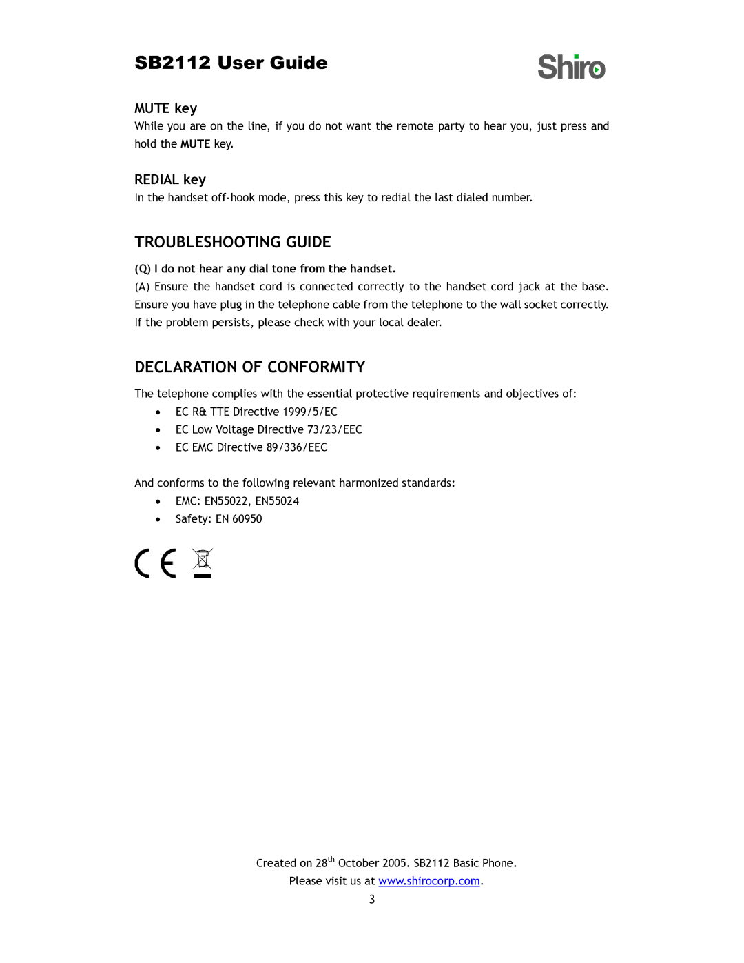 Shiro SB2112 user manual Troubleshooting Guide, Declaration of Conformity, Mute key, Redial key 