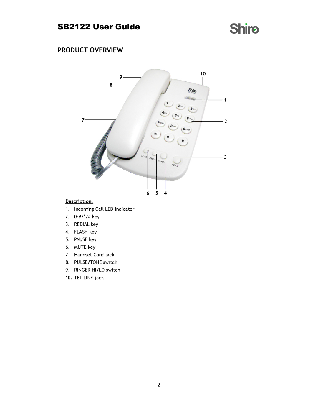 Shiro SB2122 user manual Product Overview, Description 