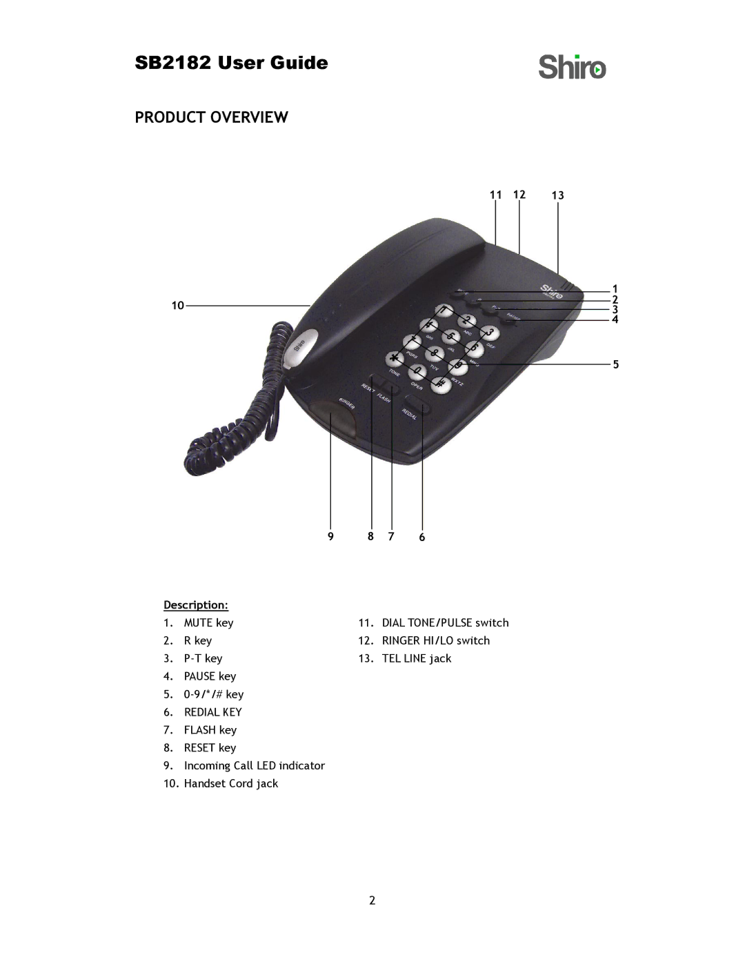 Shiro SB2182 user manual Product Overview, 11 12 Description 