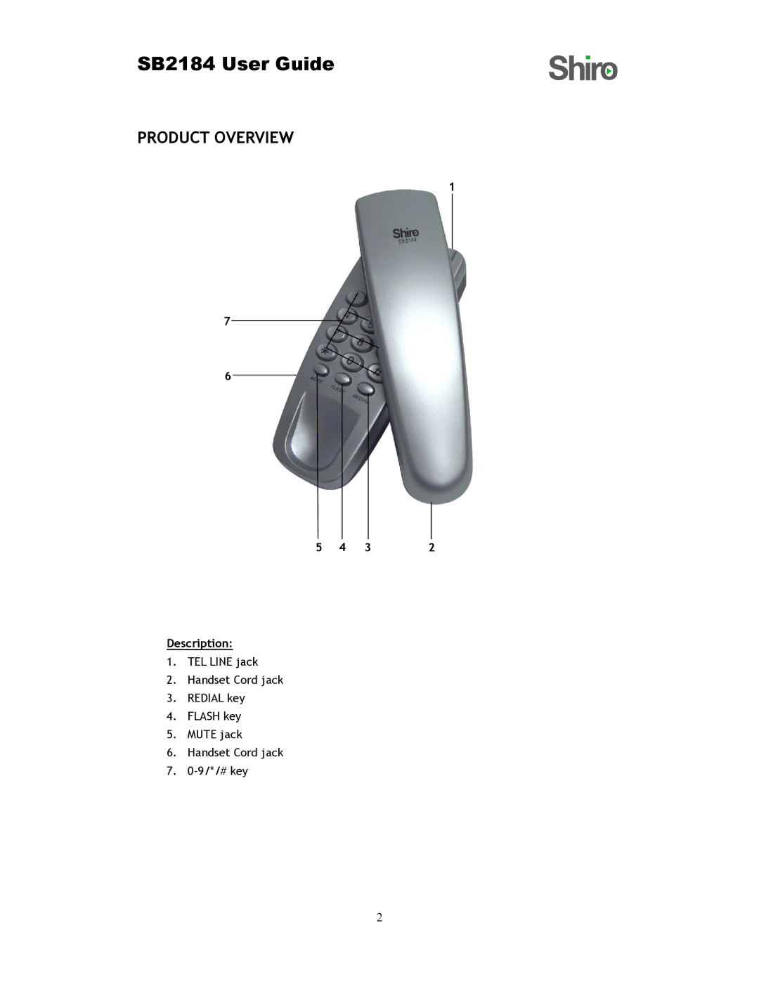 Shiro SB2184 user manual Product Overview 