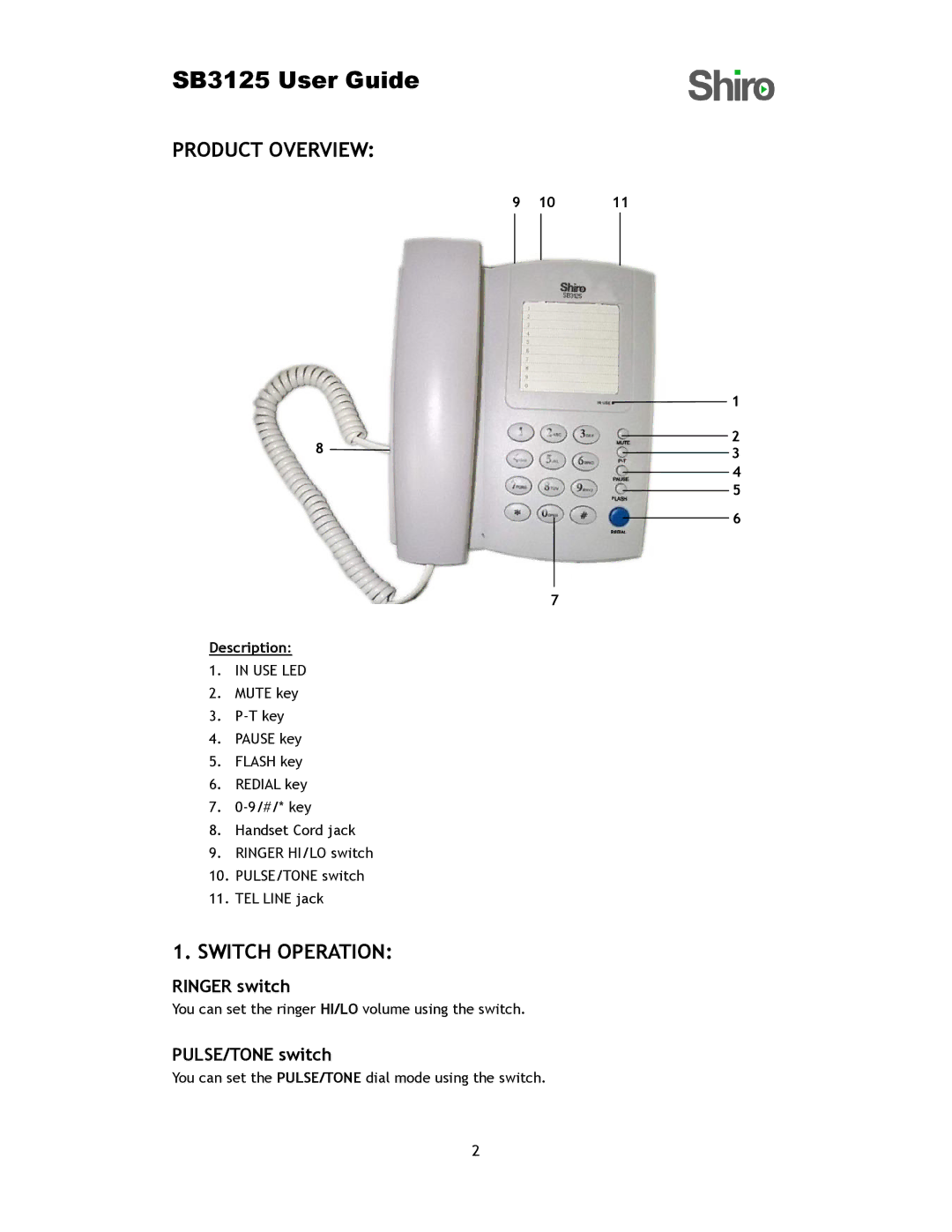 Shiro SB3125 user manual Product Overview, Switch Operation, Description 