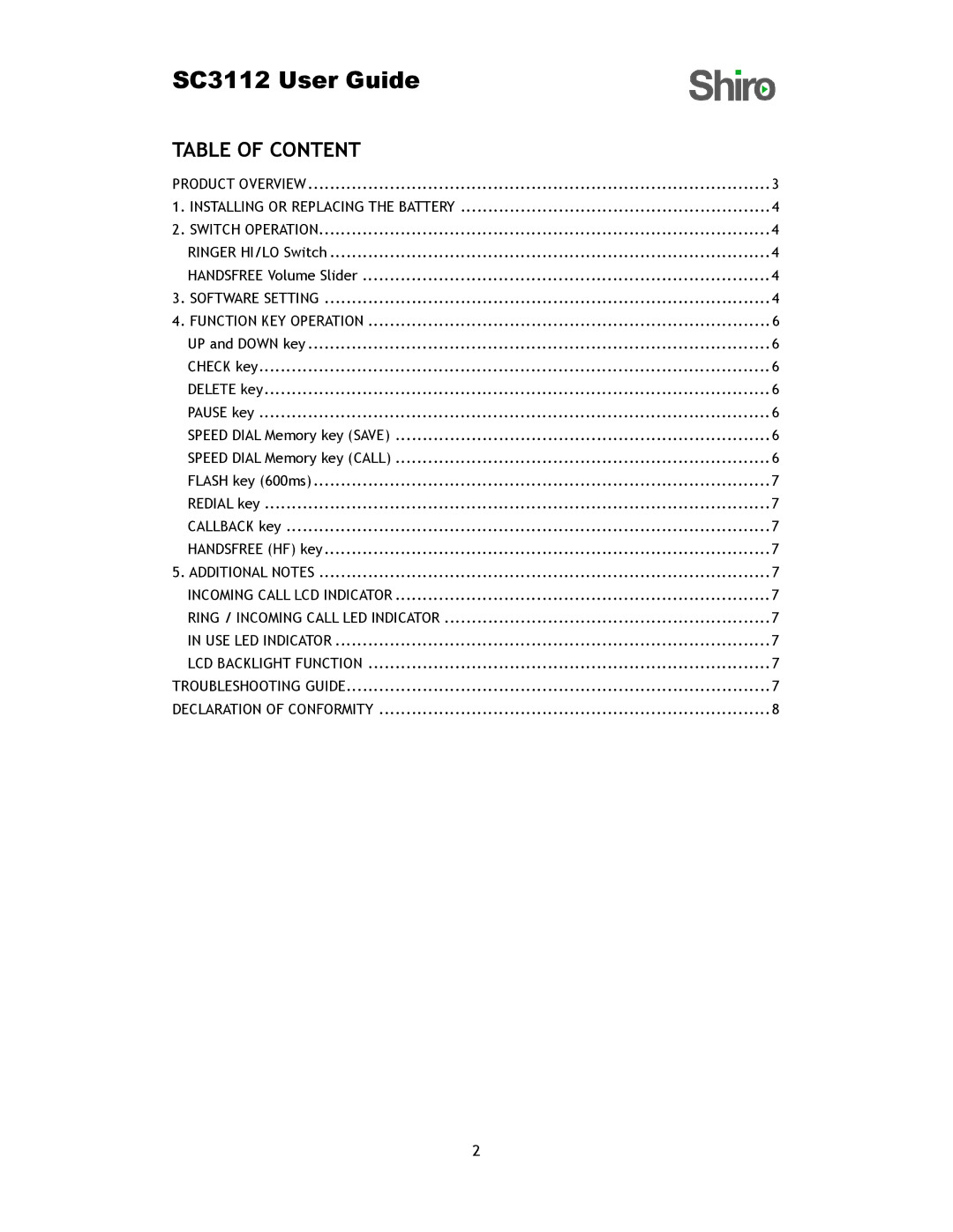 Shiro SC3112 user manual Table of Content, Software Setting Function KEY Operation 