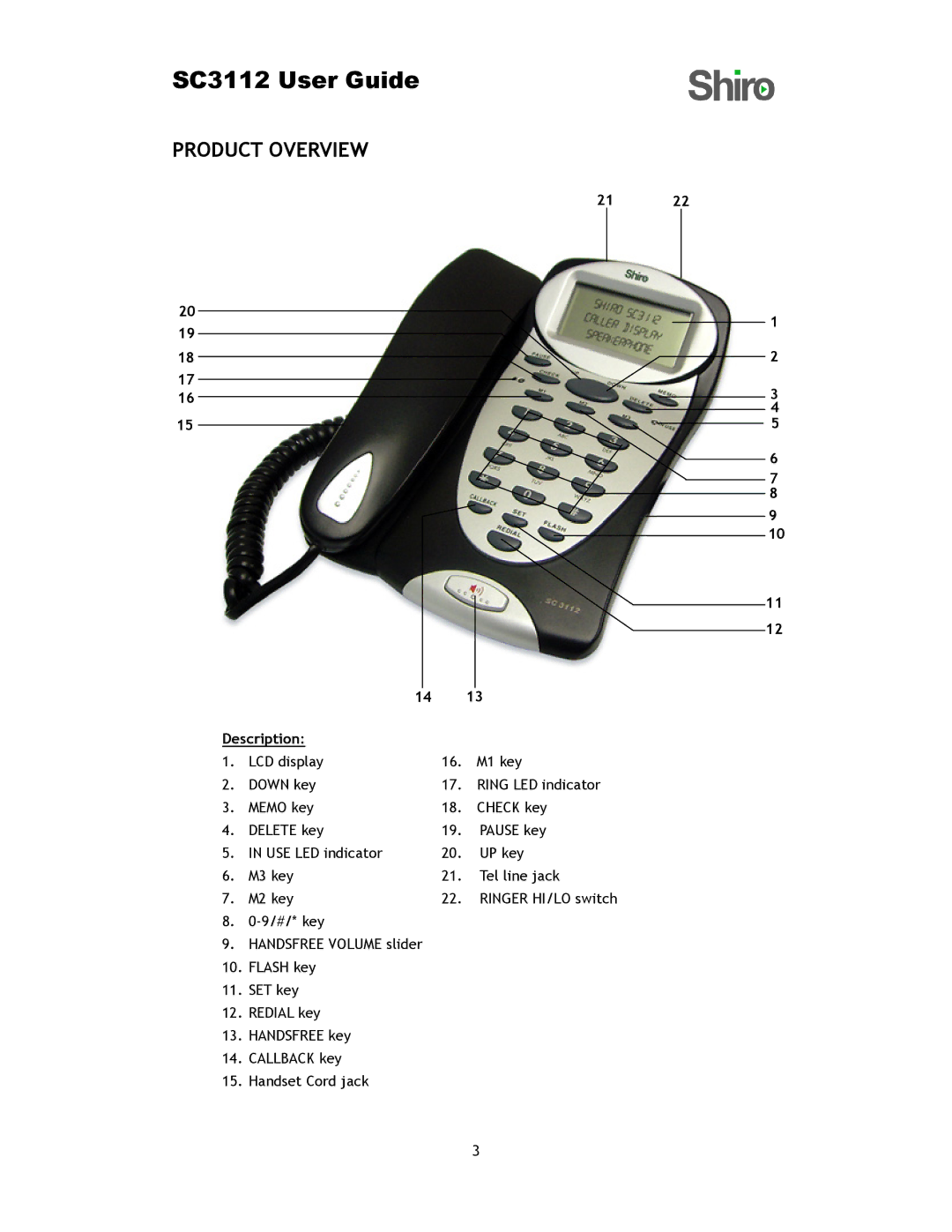 Shiro SC3112 user manual Product Overview, Description 