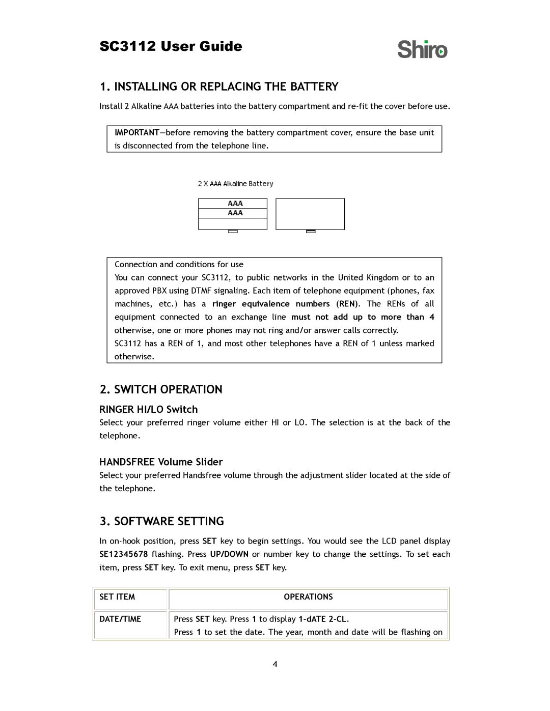 Shiro SC3112 user manual Installing or Replacing the Battery, Switch Operation, Software Setting, Ringer HI/LO Switch 