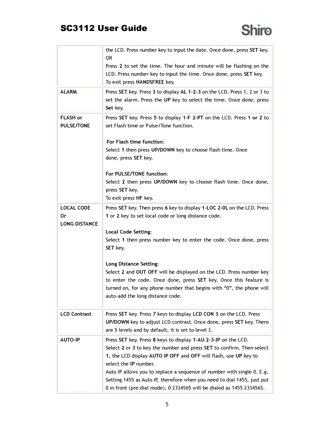 Shiro SC3112 Flash or, Local Code Or, LCD Contrast, For Flash time function, For PULSE/TONE function, Local Code Setting 