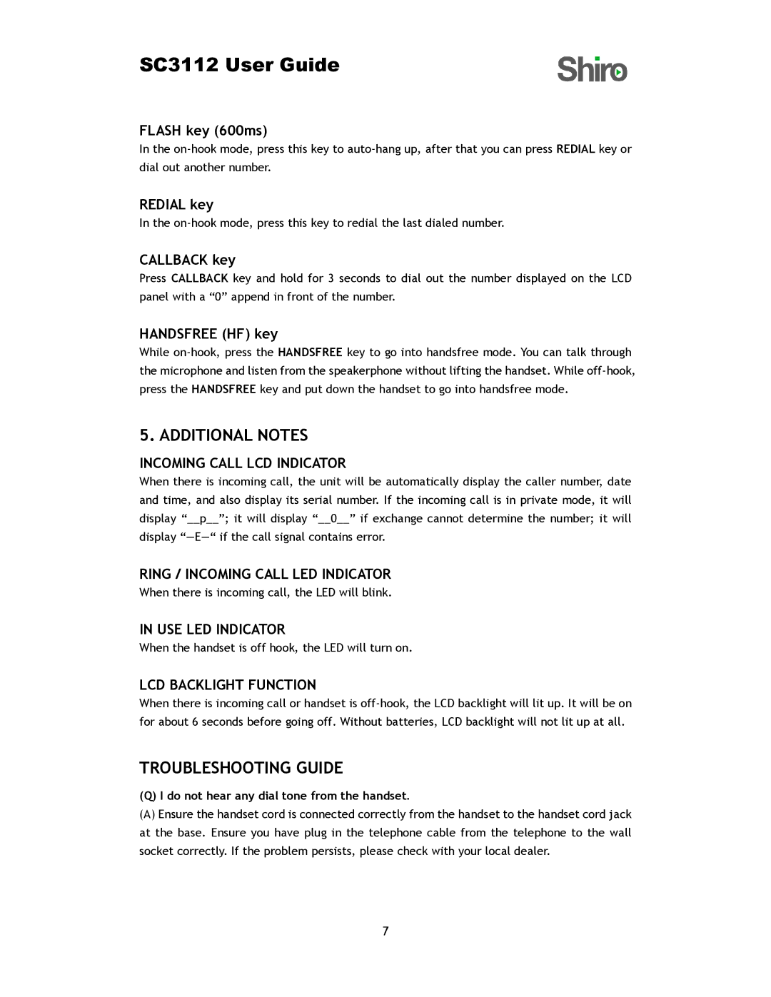 Shiro SC3112 user manual Additional Notes, Troubleshooting Guide 