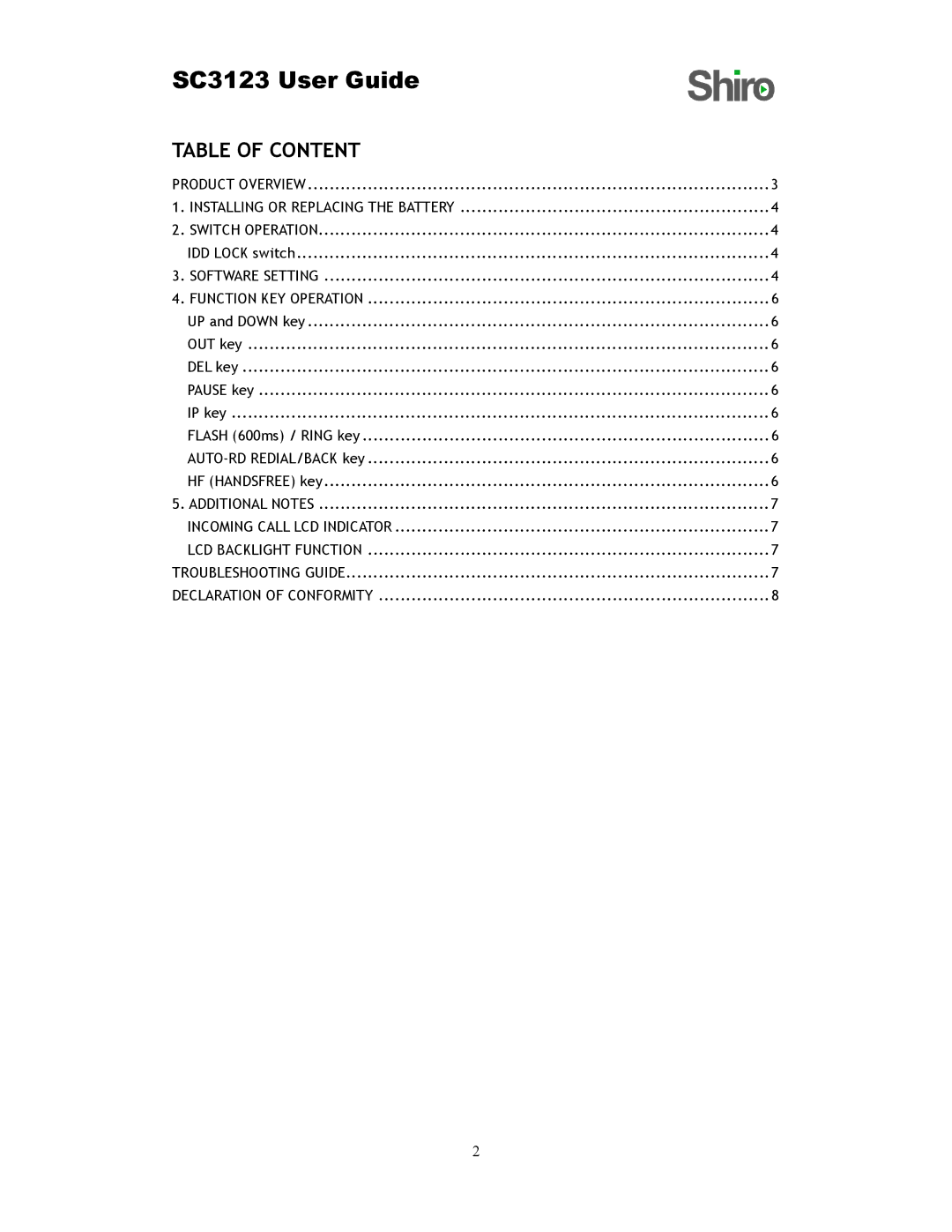 Shiro SC3123 user manual Table of Content, Software Setting Function KEY Operation 